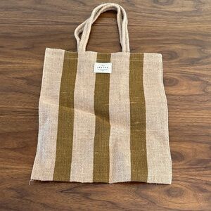 Sezane Beige and Olive Striped Jute Tote